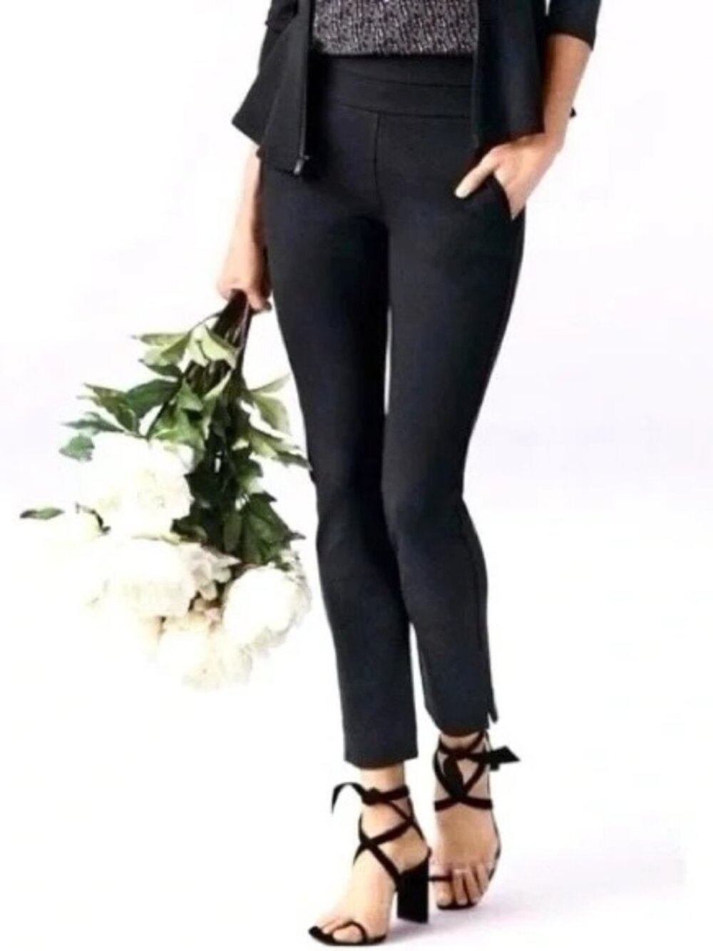 CABI Banded Waist Slim Trousers Black Sz 14 #5866 EUC
